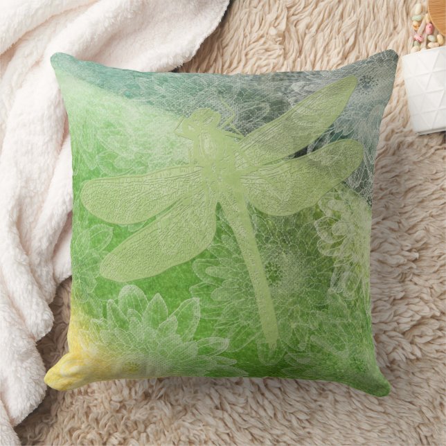 Pretty Large Green Dragonfly Flowers Throw Pillow (Blanket)