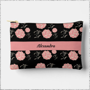 Pretty Large Pink Roses with Foliage on Black  Accessory Pouch