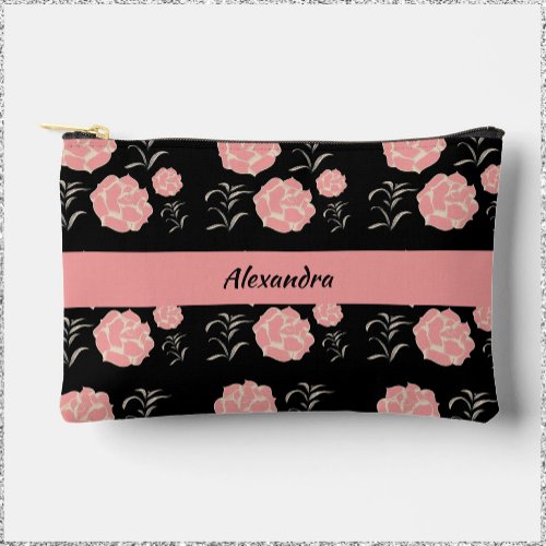 Pretty Large Pink Roses with Foliage on Black  Accessory Pouch