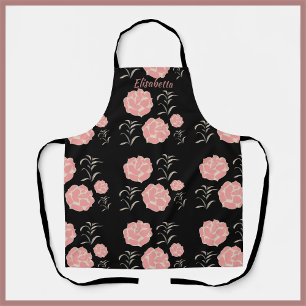 Pretty Large Pink Roses with Foliage on Black Apron