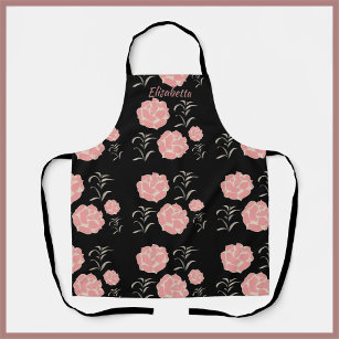 Pretty Large Pink Roses with Foliage on Black  Apron