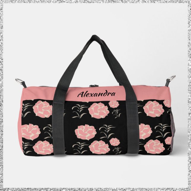 Pretty Large Pink Roses with Foliage on Black  Duffle Bag (Creator Uploaded)