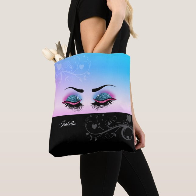 Pretty Lashes - Pink and Blue Glitter Tote Bag (Close Up)