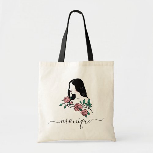 Pretty Latina Girl Illustration Floral Add Name Tote Bag