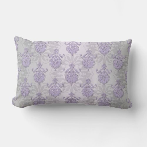 Pretty Lavender and Silvery White Damask Lumbar Pillow