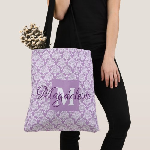 Pretty Lavender Damask Feminine Monogram  Name Tote Bag