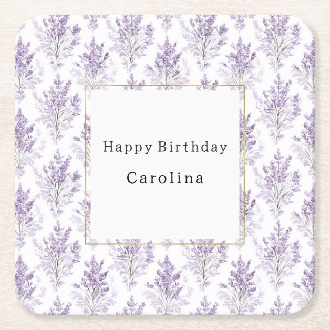 Pretty Lavender Flowers Birthday Square Paper Coaster (Front)