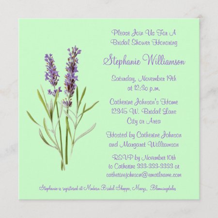 Pretty Lavender Herb Sprig On Green Bridal Shower Invitation