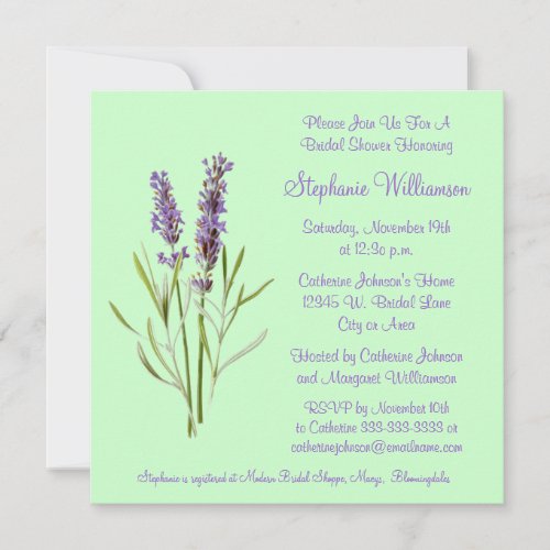 Pretty Lavender Herb Sprig on Green Bridal Shower Invitation