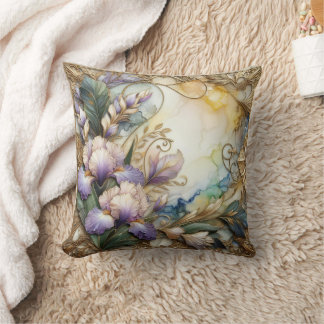 Pretty Lavender Iris Flowers with Gold Scrolling Throw Pillow