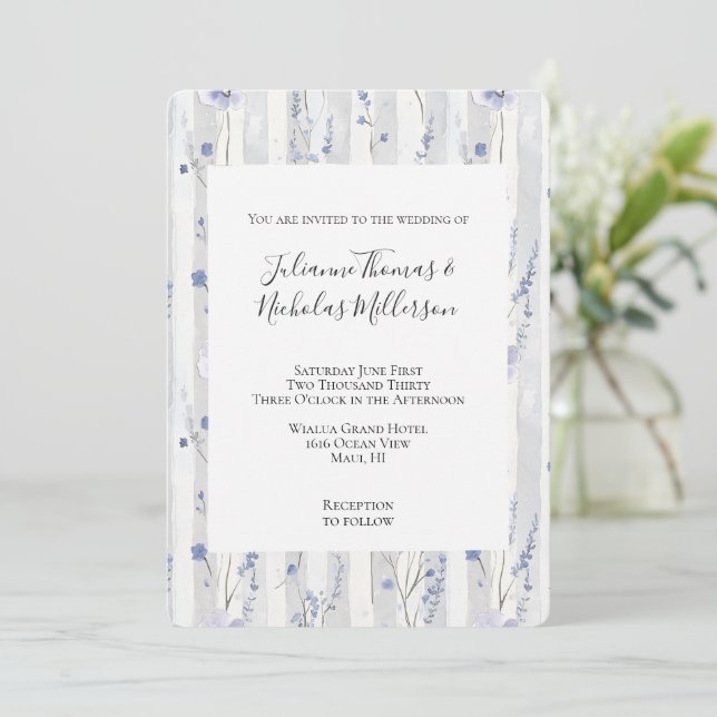 Pretty Lavender Lilac White Floral Stripes Wedding Invitation (Standing Front)