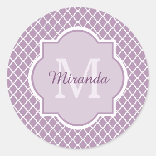 Pretty Lavender Purple Quatrefoil Monogrammed Name Classic Round Sticker