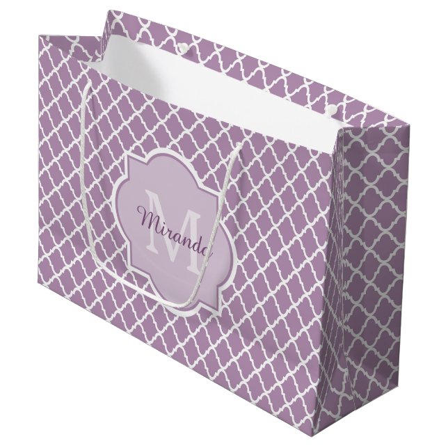 Pretty Lavender Purple Quatrefoil Monogrammed Name Large Gift Bag (Front Angled)