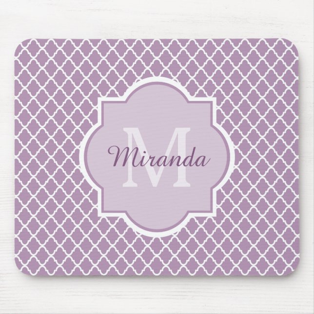 Pretty Lavender Purple Quatrefoil Monogrammed Name Mouse Pad (Front)