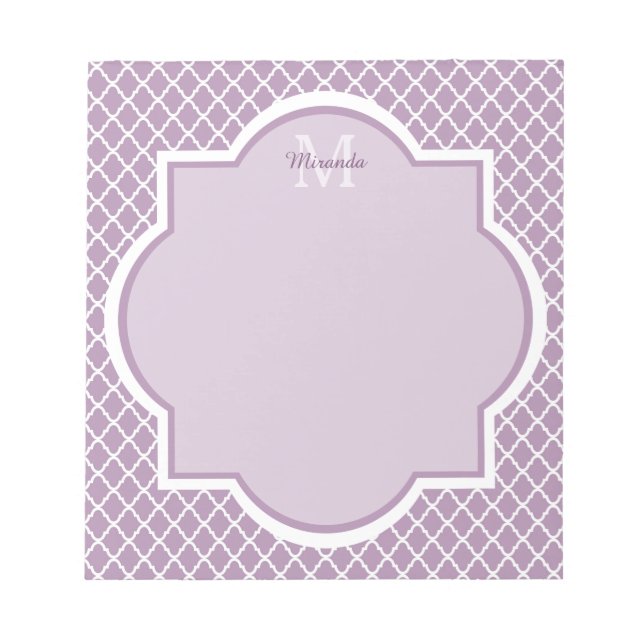 Pretty Lavender Purple Quatrefoil Monogrammed Name Notepad (Front)
