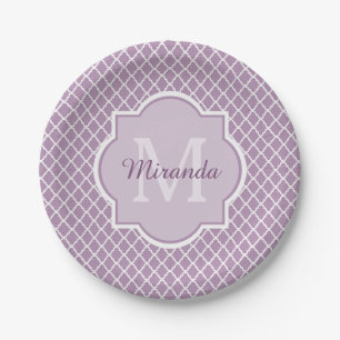 Pretty Lavender Purple Quatrefoil Monogrammed Name Paper Plates