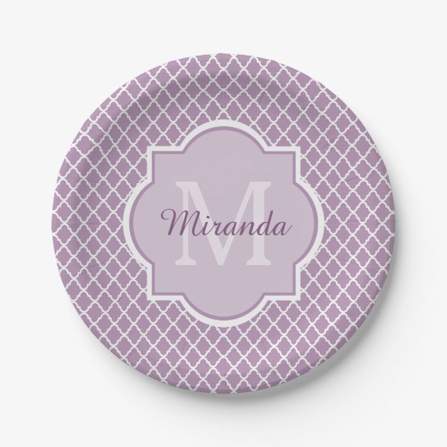 Pretty Lavender Purple Quatrefoil Monogrammed Name Paper Plates (Front)