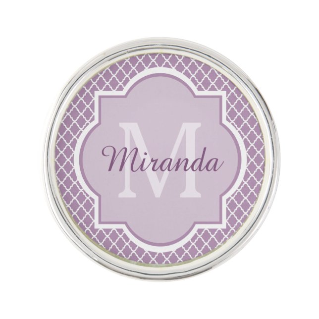 Pretty Lavender Purple Quatrefoil Monogrammed Name Pin (Front)