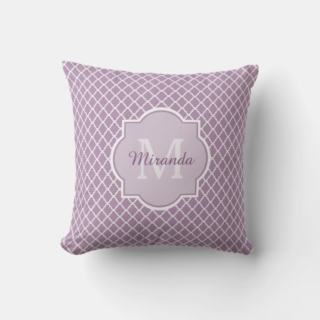 Pretty Lavender Purple Quatrefoil Monogrammed Name Throw Pillow (Front)