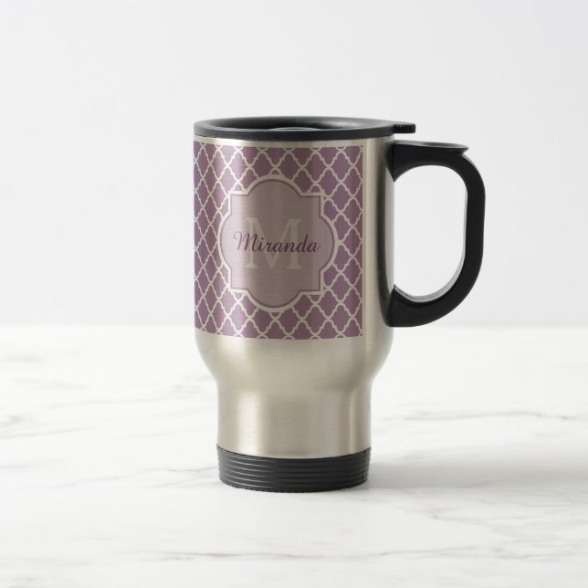 Pretty Lavender Purple Quatrefoil Monogrammed Name Travel Mug (Right)