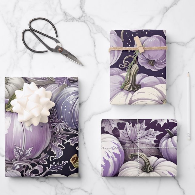 PRETTY LAVENDER PURPLE & WHITE FALL PUMPKINS WRAPPING PAPER SHEETS (Front)