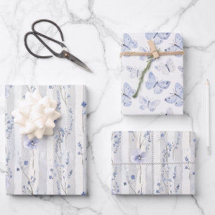 Pretty Lavender White Floral Stripes Birthday Wrapping Paper Sheets