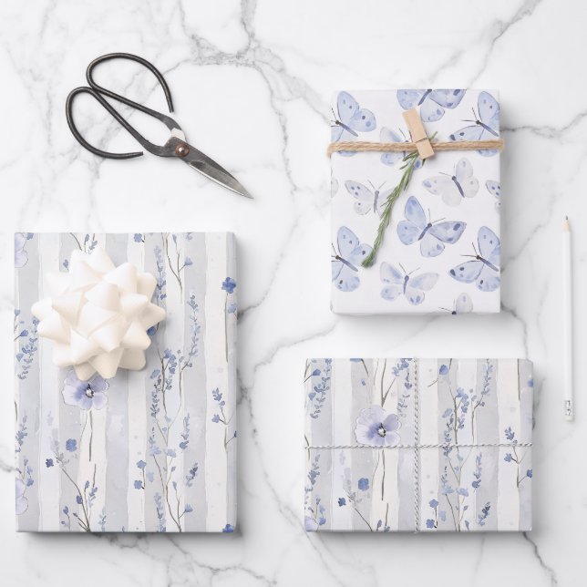 Pretty Lavender White Floral Stripes Birthday Wrapping Paper Sheets (Front)