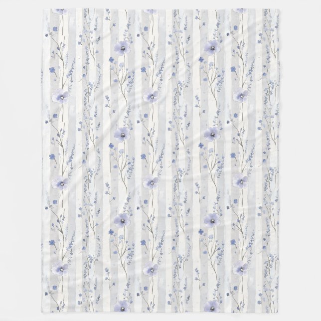 Pretty Lavender White Floral Stripes Bridal Shower Fleece Blanket (Front)