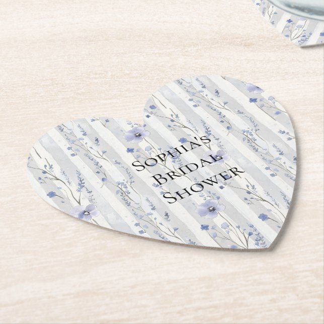 Pretty Lavender White Floral Stripes Bridal Shower Paper Coaster (Angled)