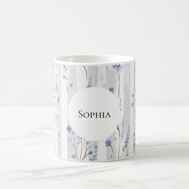 Pretty Lavender White Floral Stripes Personalized Coffee Mug (Center)