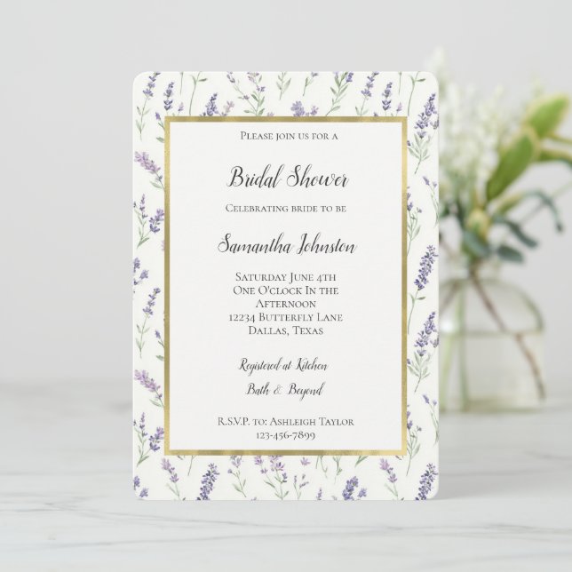 Pretty Lavender White Flowers Bridal Shower Invitation (Standing Front)
