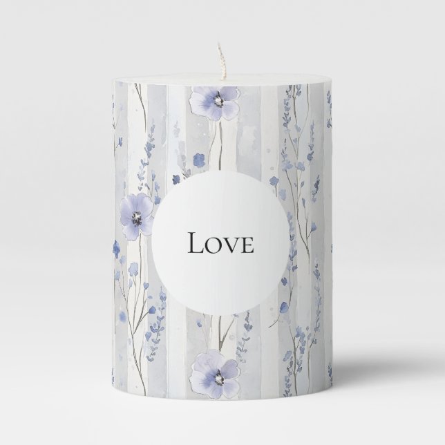 Pretty Lavender White Stripes Floral Bridal Shower Pillar Candle (Front)