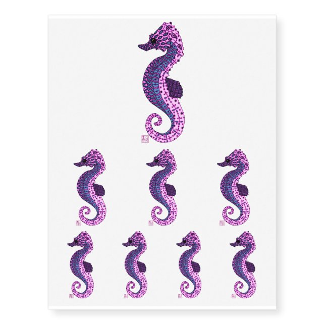 Pretty Lavender Zen Tangle Seahorse Ocean Art Temporary Tattoos (Front)