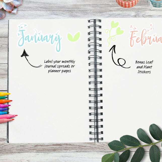 Pretty Leaf Journal Month Labels Pastel Rainbow (Monthly labels for your journal or planner with a leafy cursive. Rainbow pastel colors. )