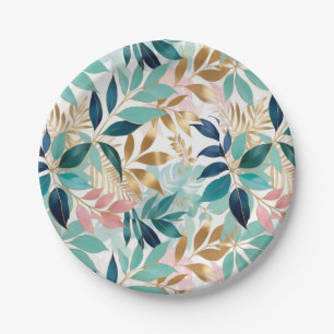 Pretty Leaf Pattern Pink Aqua Paper Plates