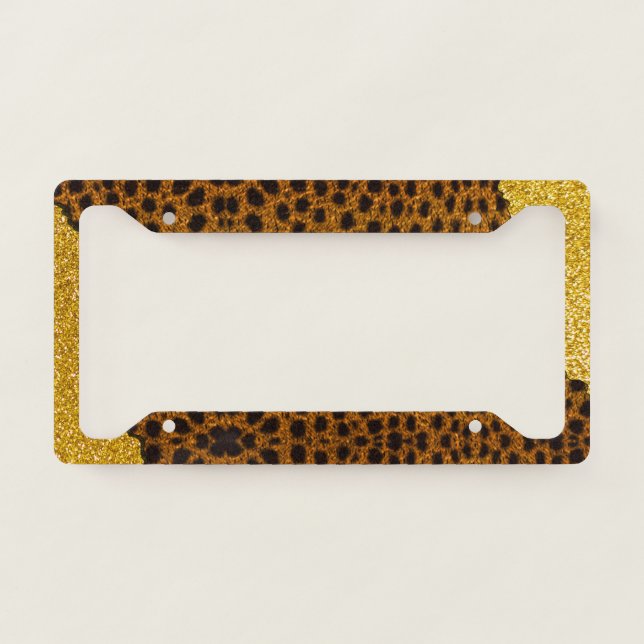 Pretty Leather Cheetah Animal Print With Glitter License Plate Frame (Front)
