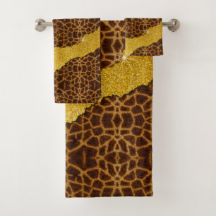 Pretty Leather Giraffe Animal Print With Glitter Bath Towel Set