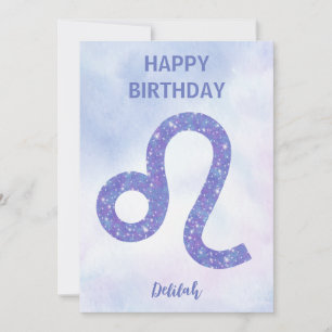 Pretty Leo Sign Personalized Purple Happy Birthday Card