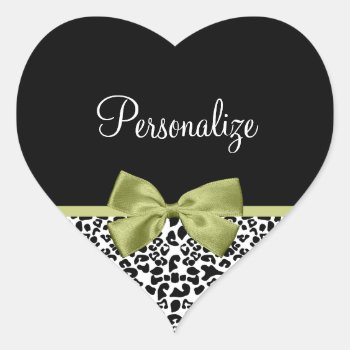 Pretty Leopard Print Spring Green Bow With Name Heart Sticker by ohsogirly at Zazzle
