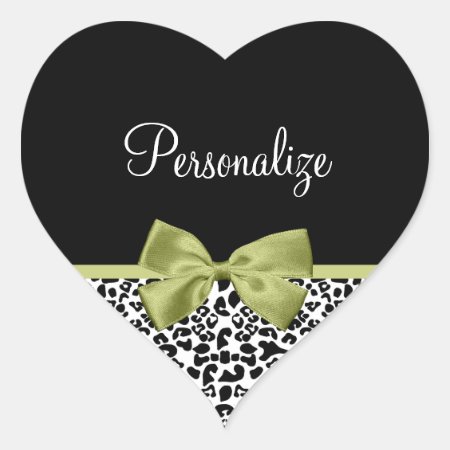 Pretty Leopard Print Spring Green Bow With Name Heart Sticker