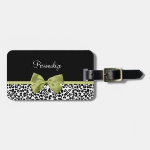 Pretty Leopard Print Spring Green Bow With Name Luggage Tag