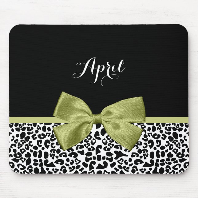 Pretty Leopard Print Spring Green Bow With Name Mouse Pad (Front)