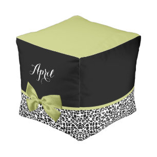 Pretty Leopard Print Spring Green Bow With Name Pouf