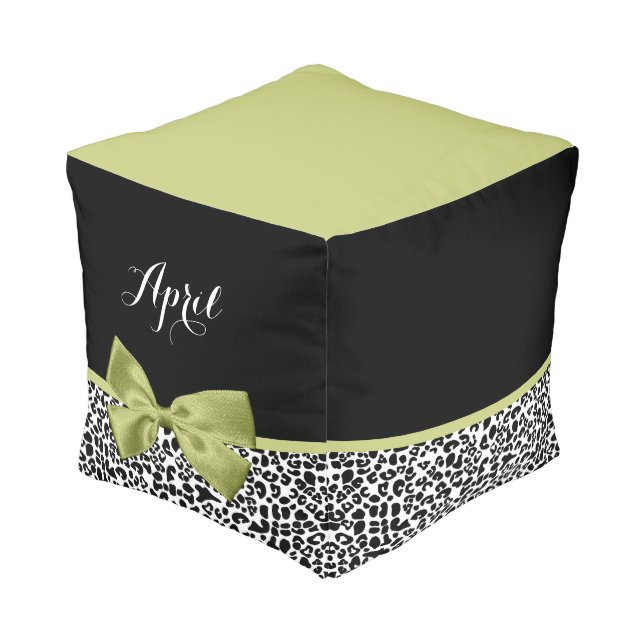 Pretty Leopard Print Spring Green Bow With Name Pouf (Angled Front)