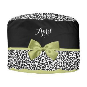 Pretty Leopard Print Spring Green Bow With Name Pouf