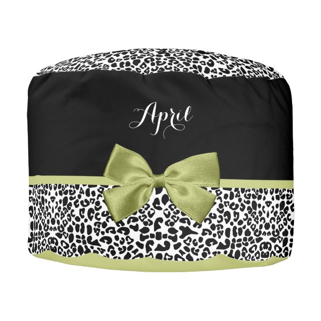 Pretty Leopard Print Spring Green Bow With Name Pouf (Front)