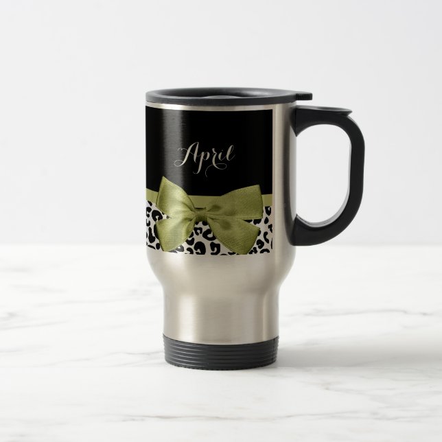 Pretty Leopard Print Spring Green Bow With Name Travel Mug (Right)
