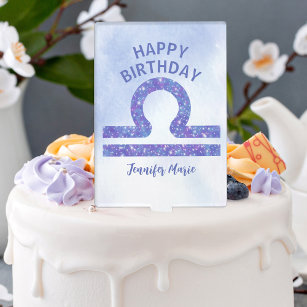 Pretty Libra Sign Custom Purple Happy Birthday Cake Topper