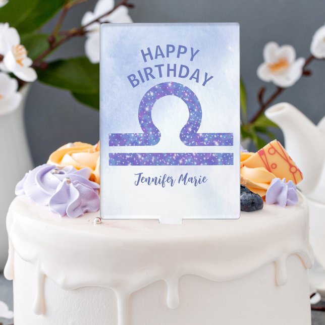 Pretty Libra Sign Custom Purple Happy Birthday Cake Topper (Creator Uploaded)