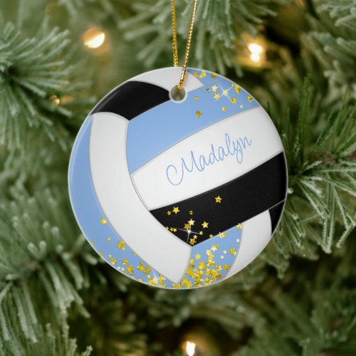 pretty light blue black volleyball gold stars ceramic ornament